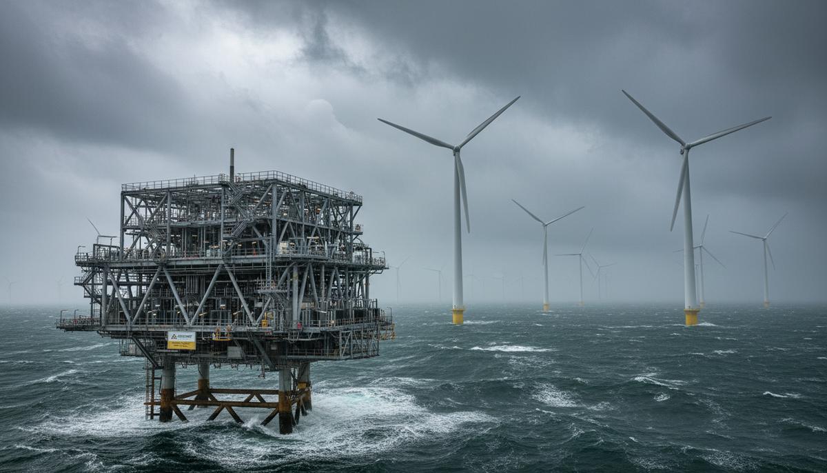 Огромная морская платформа-конвертер и ряды ветряных турбин, уходящие за горизонт в неспокойном Северном море.