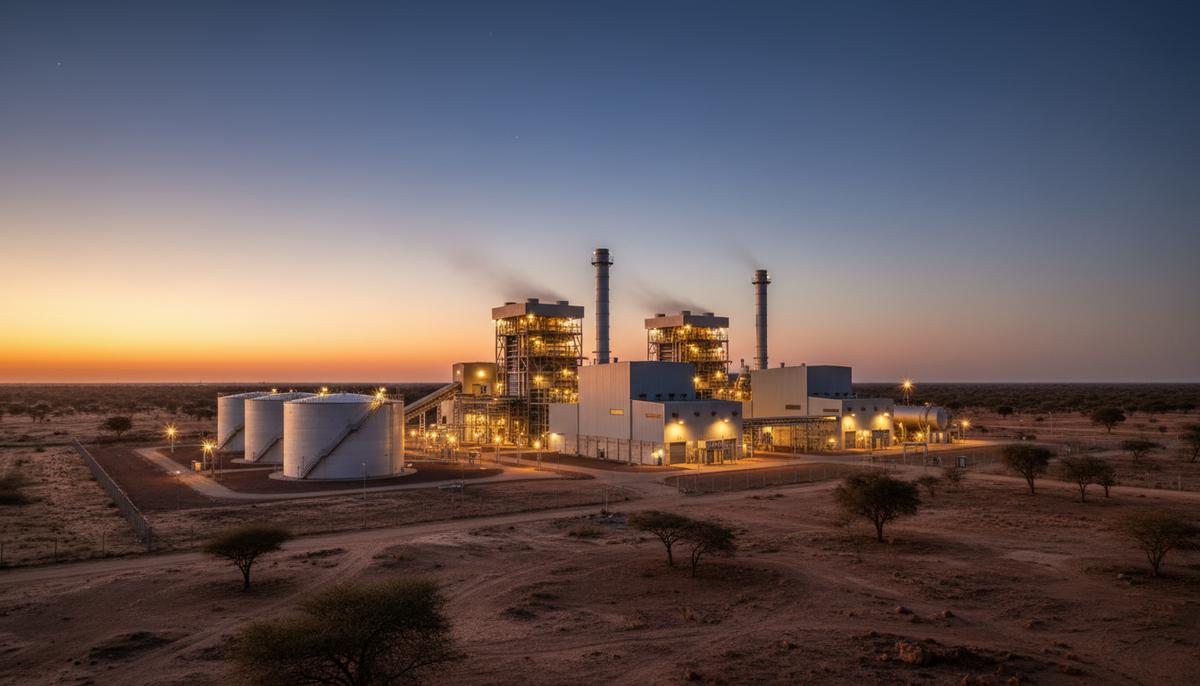 Современная тепловая электростанция с промышленными корпусами и резервуарами для топлива в засушливой саванне Буркина-Фасо.