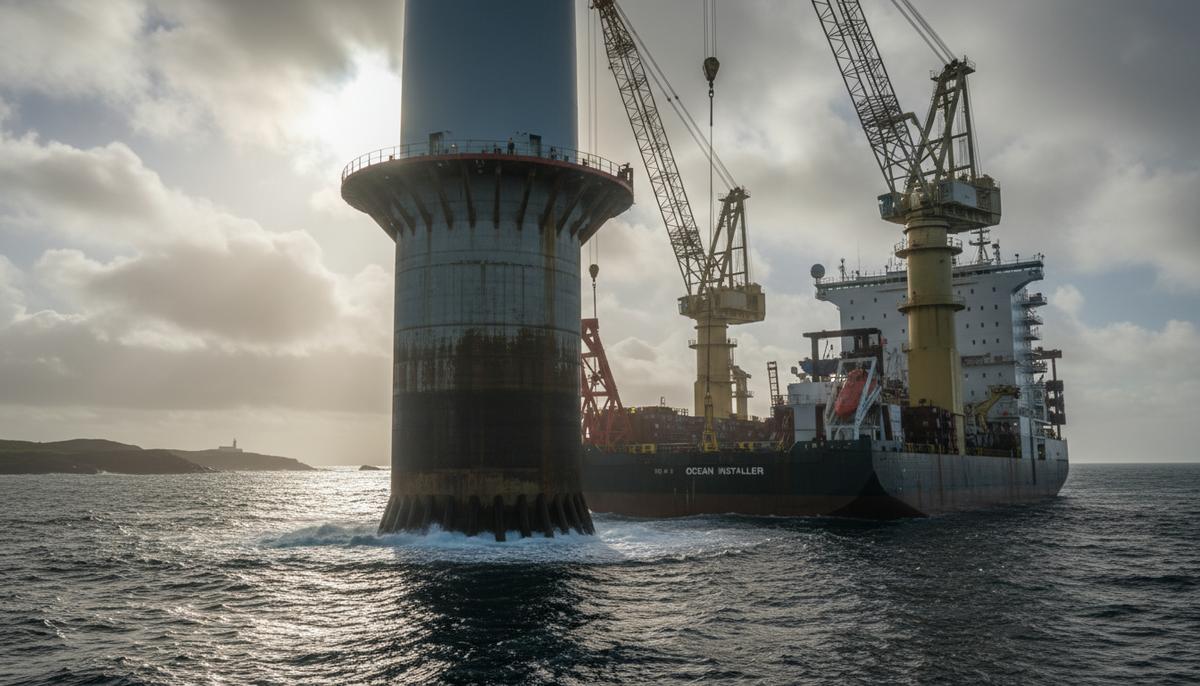 Фундамент морской ветряной турбины в процессе установки в океане, рядом находится специализированное строительное судно под пасмурным небом.