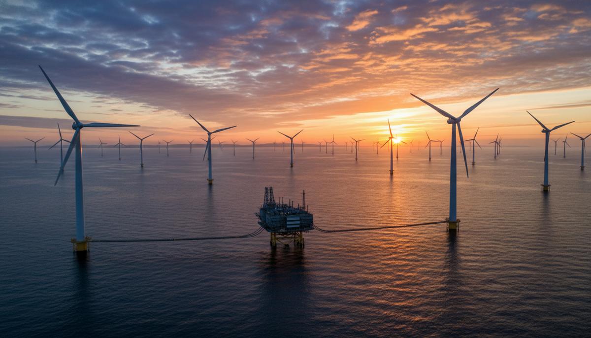 Множество ветряных турбин в Балтийском море на рассвете. В центре кадра – морская подстанция, на горизонте виден остров Борнхольм.