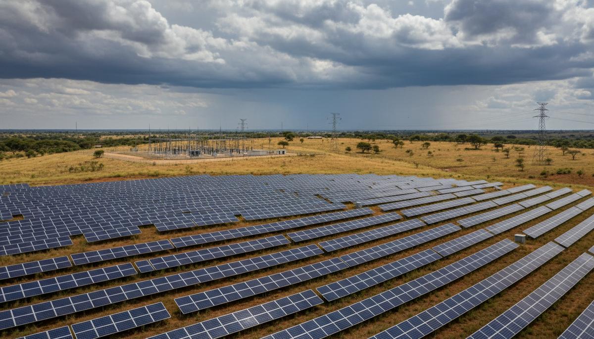Огромная солнечная электростанция с рядами фотоэлектрических панелей в африканской саванне Замбии на рассвете.