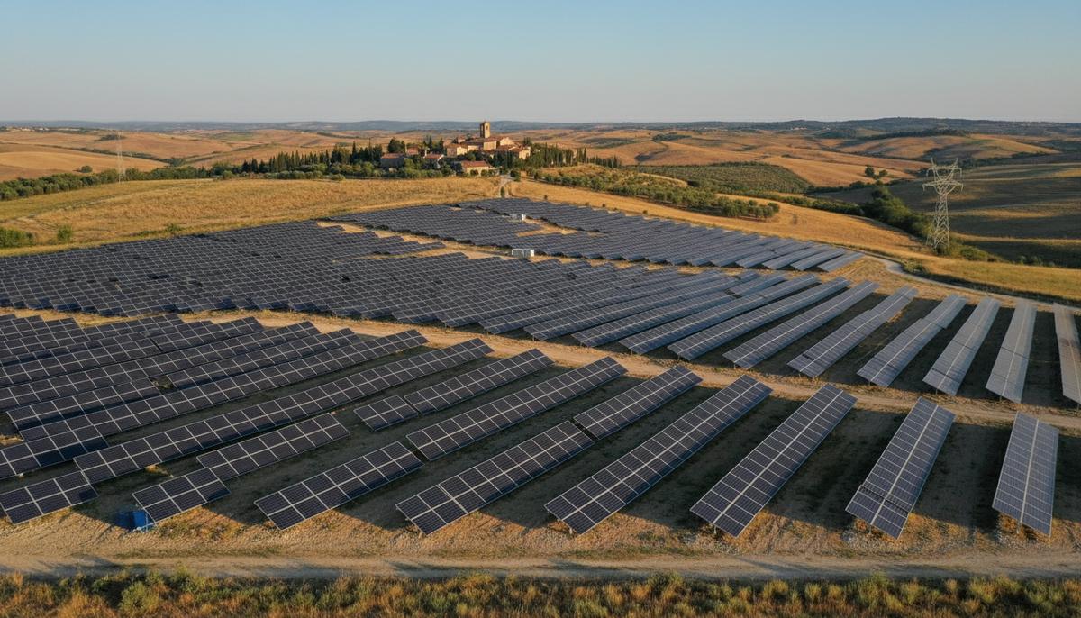 Большая солнечная электростанция с рядами фотоэлектрических панелей, расположенная на холмистой местности в Италии.
