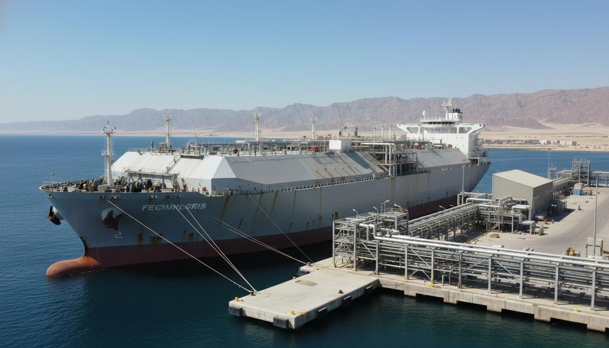 Плавучая регазификационная установка (FSRU) пришвартована в порту Акаба, Иордания. Трубопроводы соединяют судно с береговым терминалом на фоне пустынных холмов.