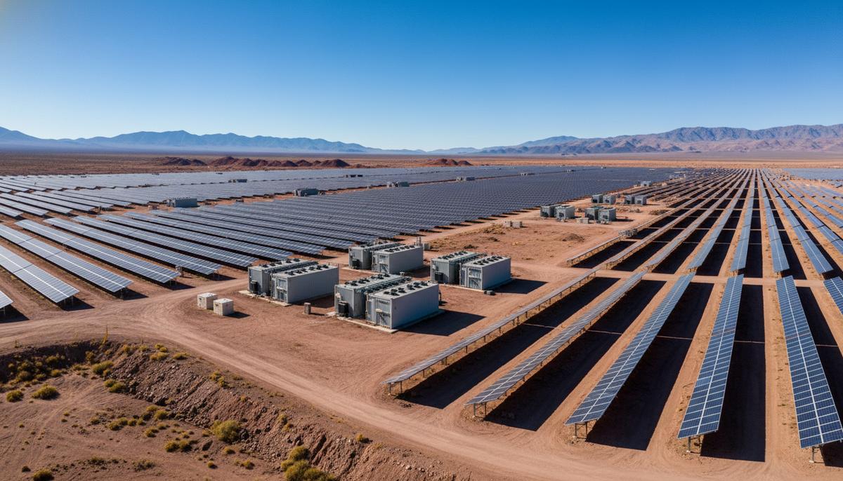 Крупная солнечная электростанция с рядами панелей и контейнерами систем хранения энергии в засушливом пейзаже пустыни Атакама в Чили.