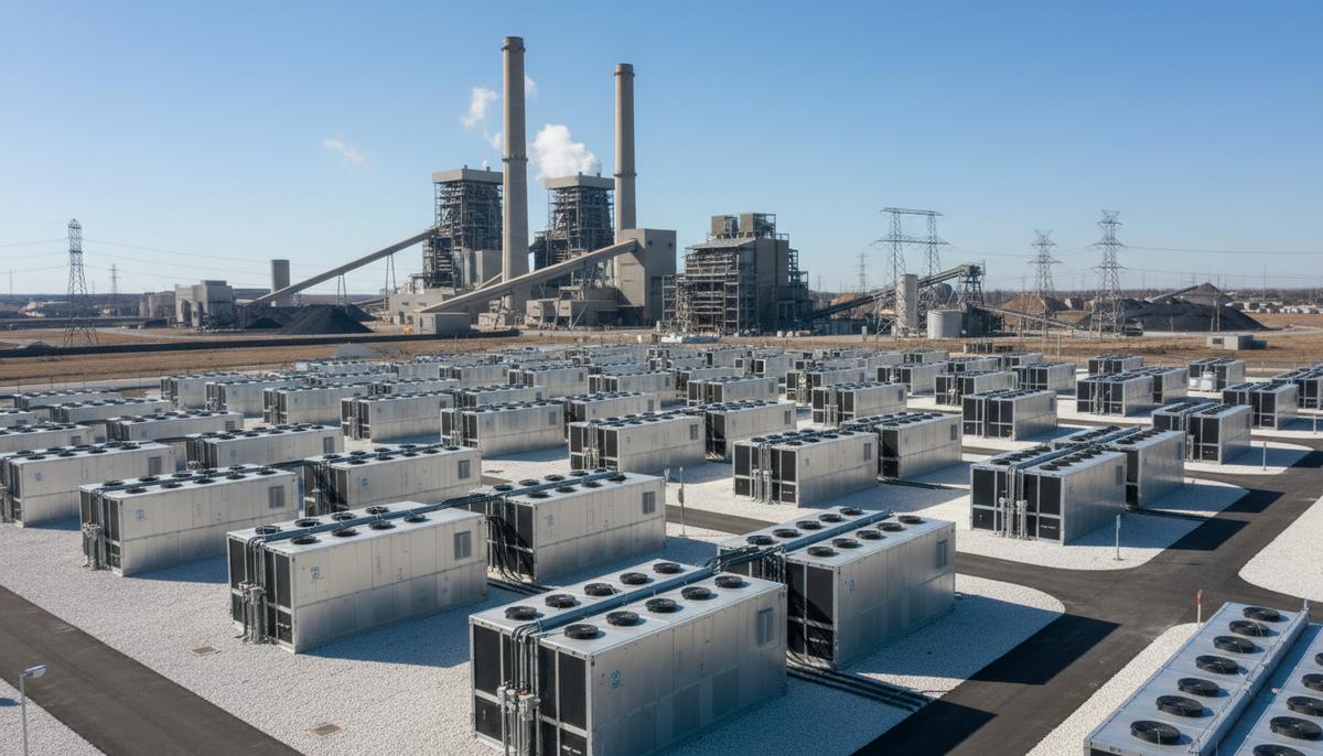 Современная система накопления энергии в виде больших контейнеров на фоне промышленного комплекса угольной электростанции.
