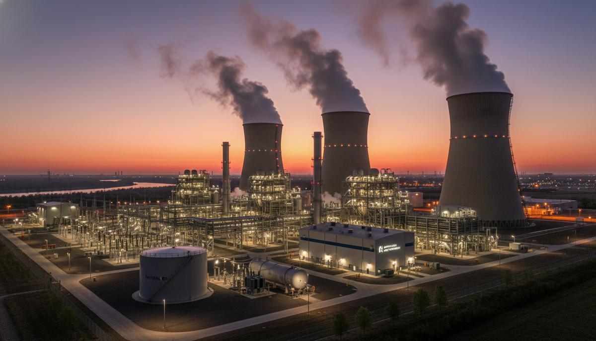 Современная газовая электростанция на закате, освещенная огнями, с трубами и промышленными сооружениями на фоне неба.