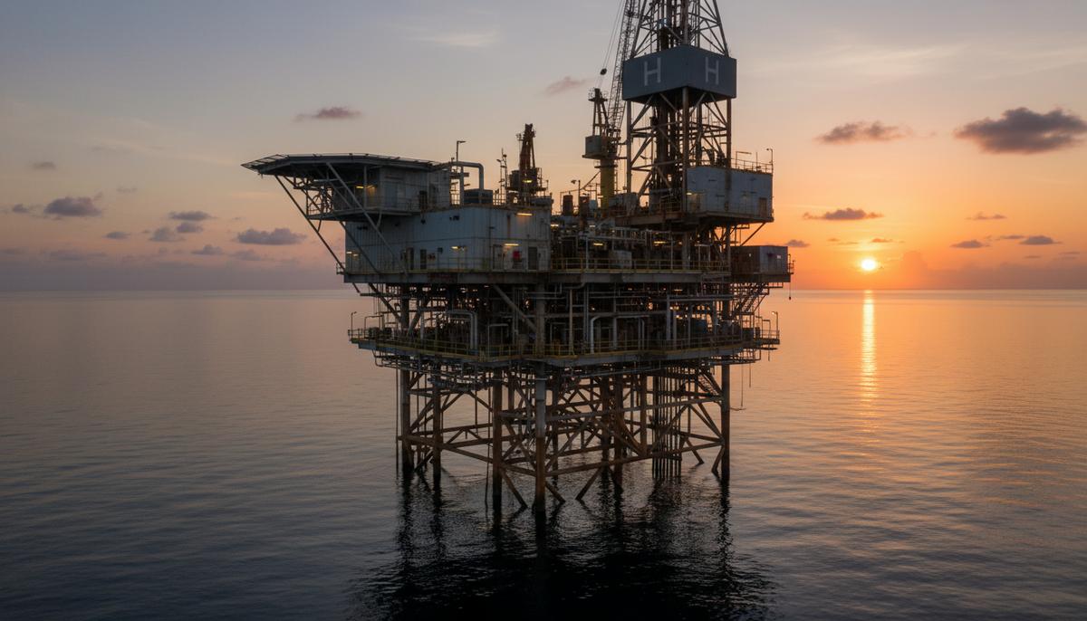 Морская нефтедобывающая платформа в Мексиканском заливе на закате с пустой вертолетной площадкой и сложной системой труб.