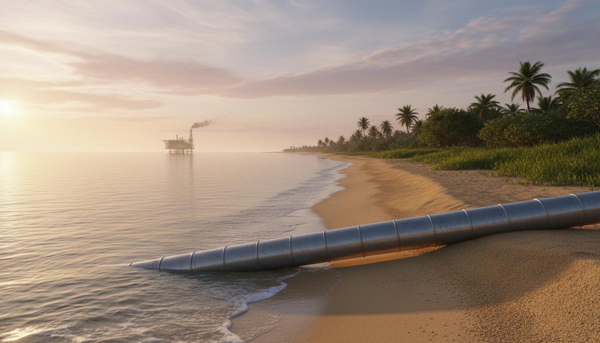 Газопровод выходит из океана на песчаный берег Танзании на рассвете, на горизонте видна морская газовая платформа.