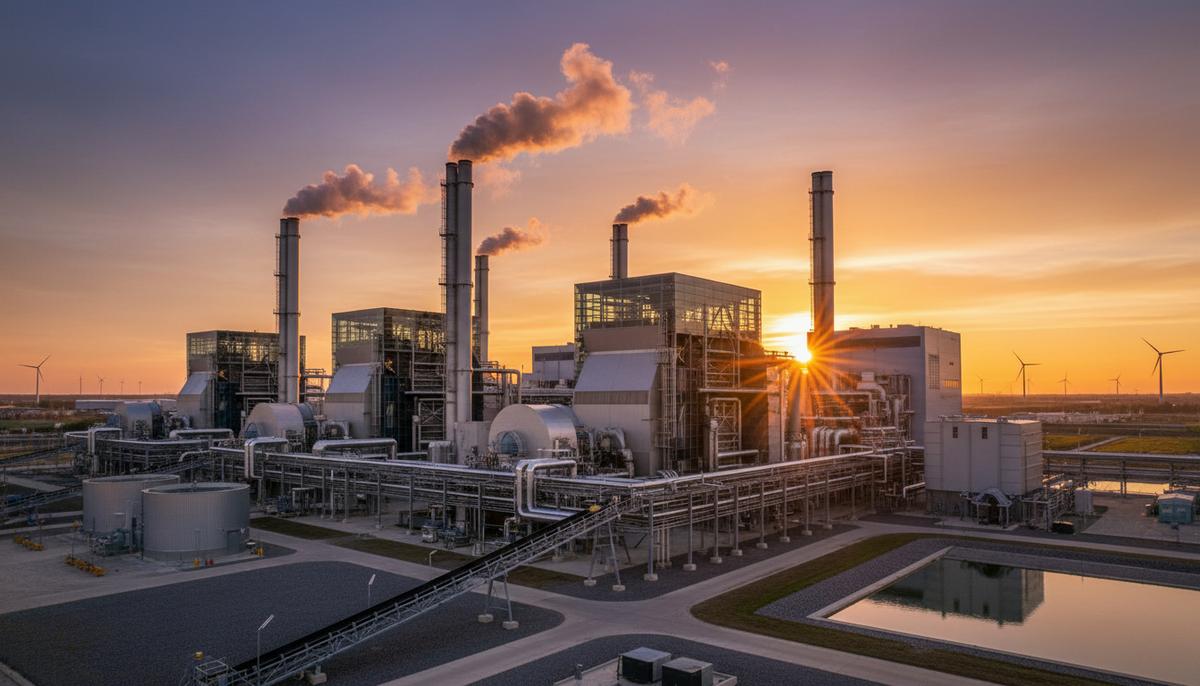Современная теплоэлектроцентраль с комплексом труб и технологических установок на фоне заката.