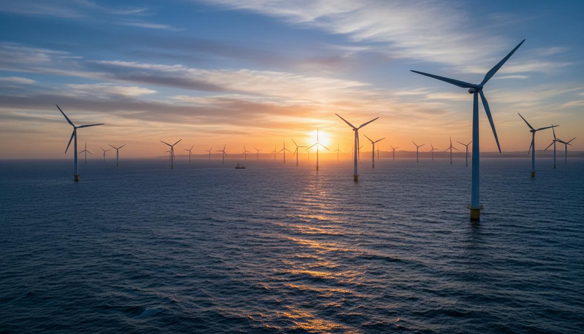 Офшорные ветряные турбины в океане у побережья Австралии на рассвете. Линия горизонта с далеким берегом.