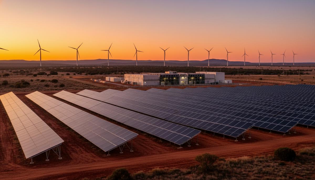 Солнечная электростанция, ветряные турбины на холмах и аккумуляторная станция хранения энергии в австралийском пейзаже на закате.