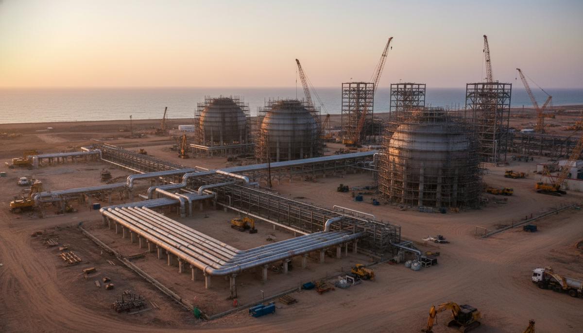 Строительная площадка завода по сжижению газа на побережье Мозамбика. Видны промышленные конструкции, трубы и резервуары на фоне океана.