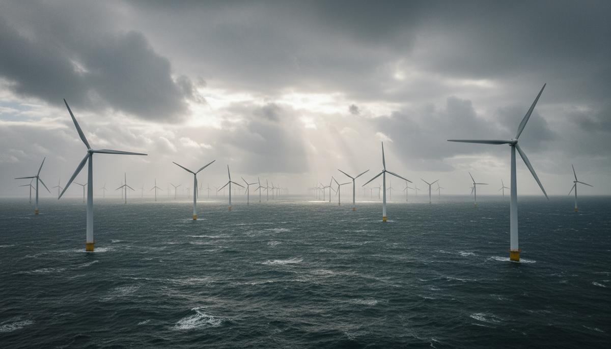 Морская ветряная электростанция с рядами турбин в бурных водах у побережья Шотландии под облачным небом.
