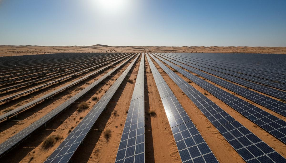 Бескрайние ряды солнечных панелей на электростанции, расположенной в песчаной пустыне Кувейта под ясным небом.