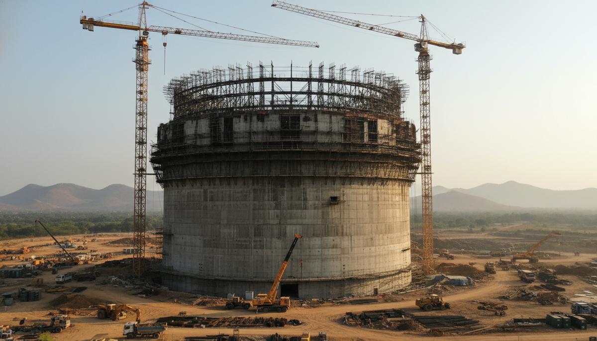 Строительная площадка атомной электростанции с недостроенным бетонным куполом реактора и тяжелой техникой на фоне индийского пейзажа.