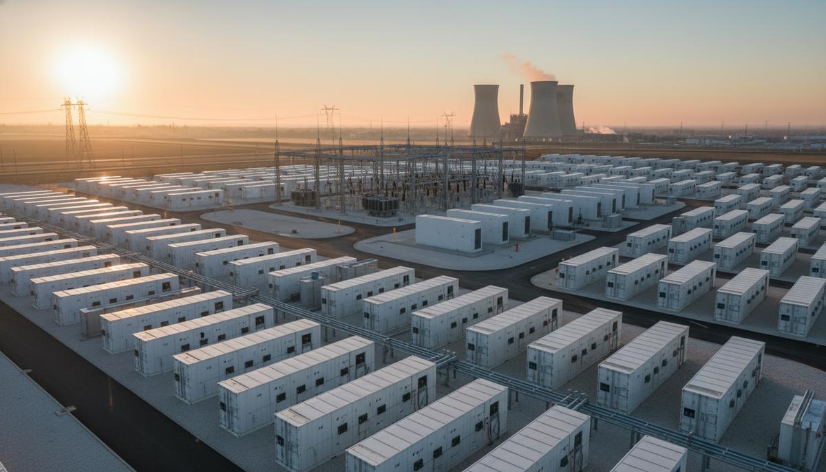 Ряды белых контейнеров аккумуляторной станции на промышленной площадке в Лингене, Германия.