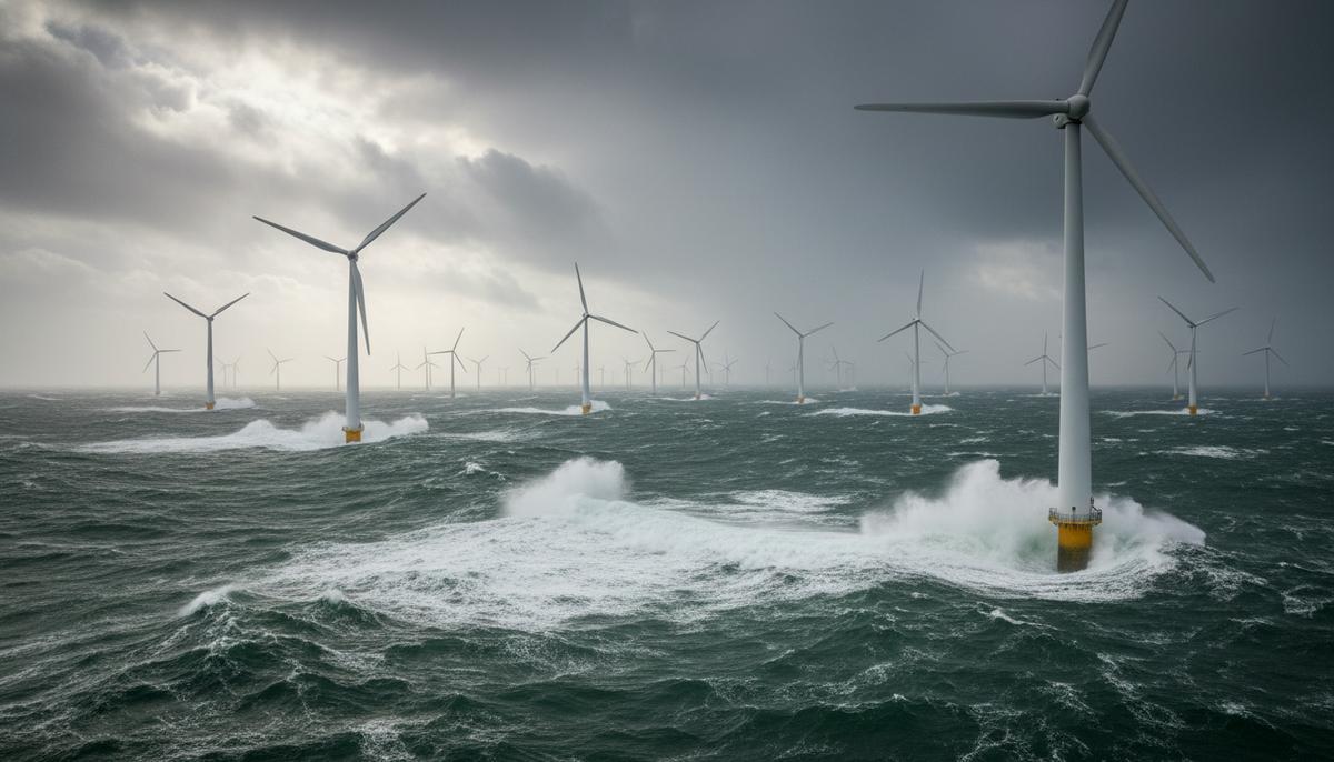 Ветряные турбины морской электростанции в суровых водах Северного моря под пасмурным небом.