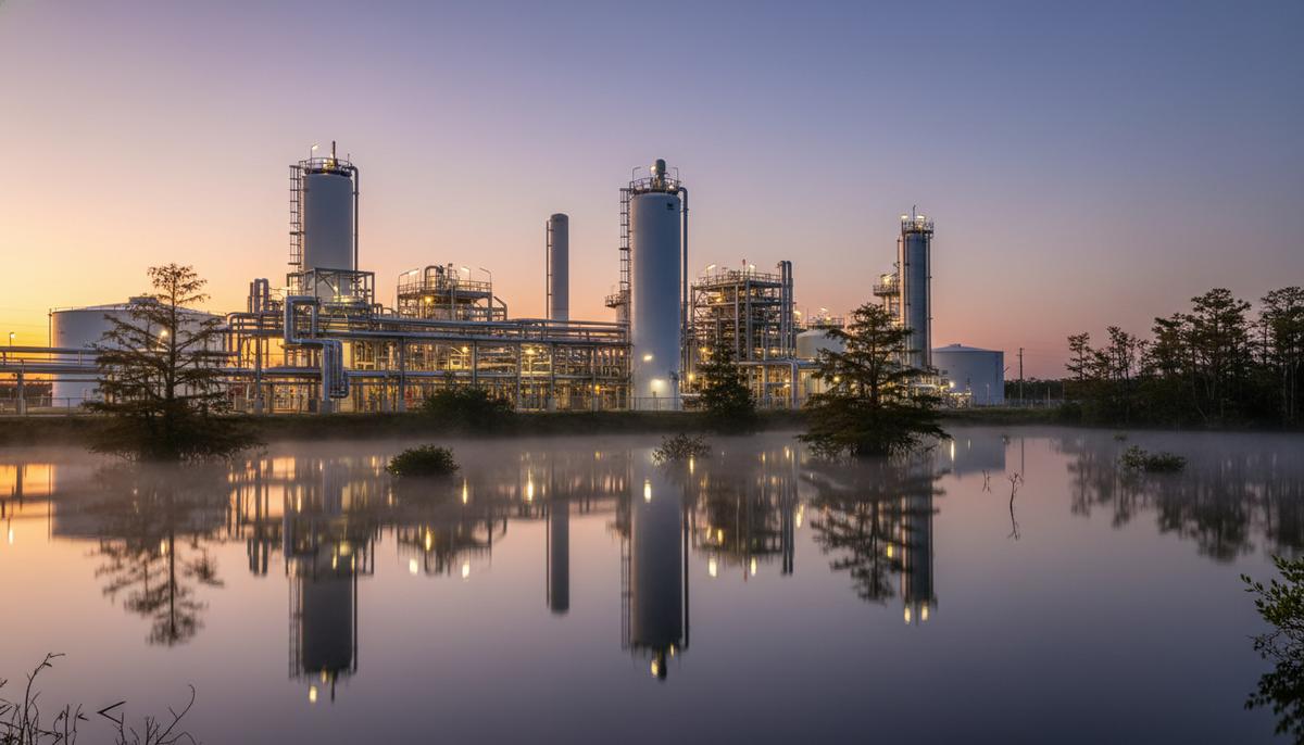 Промышленный комплекс по улавливанию и хранению углерода с трубопроводами и резервуарами на фоне болотистой местности Луизианы в вечернем свете.