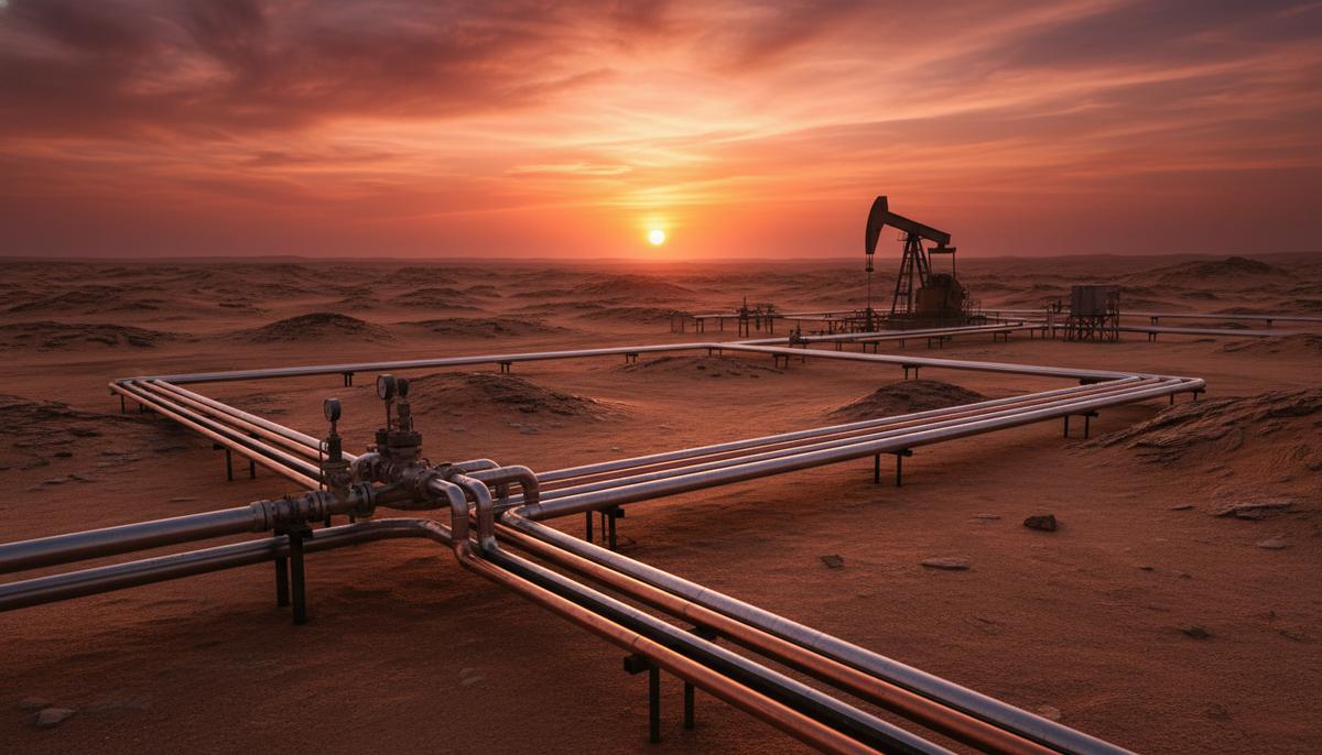 Нефтяное месторождение в пустыне на закате. Сеть трубопроводов на песчаной равнине и силуэт нефтяной вышки на горизонте.