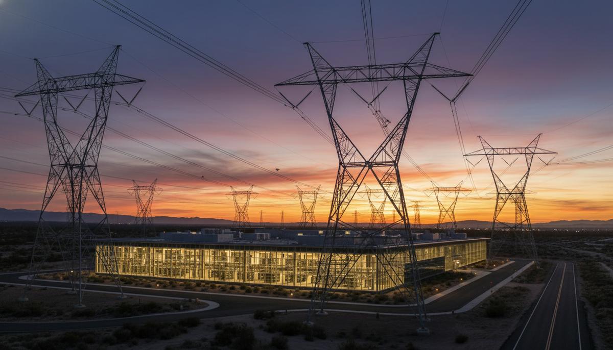 Бум ИИ и дата-центров грозит Северной Америке дефицитом электроэнергии Современное здание дата-центра на закате, к которому ведут многочисленные ЛЭП и опоры электропередач.