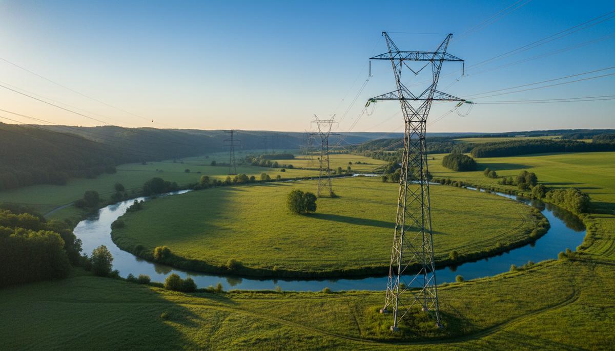 Высоковольтные линии электропередачи, пересекающие широкую зеленую долину с рекой на фоне холмов.