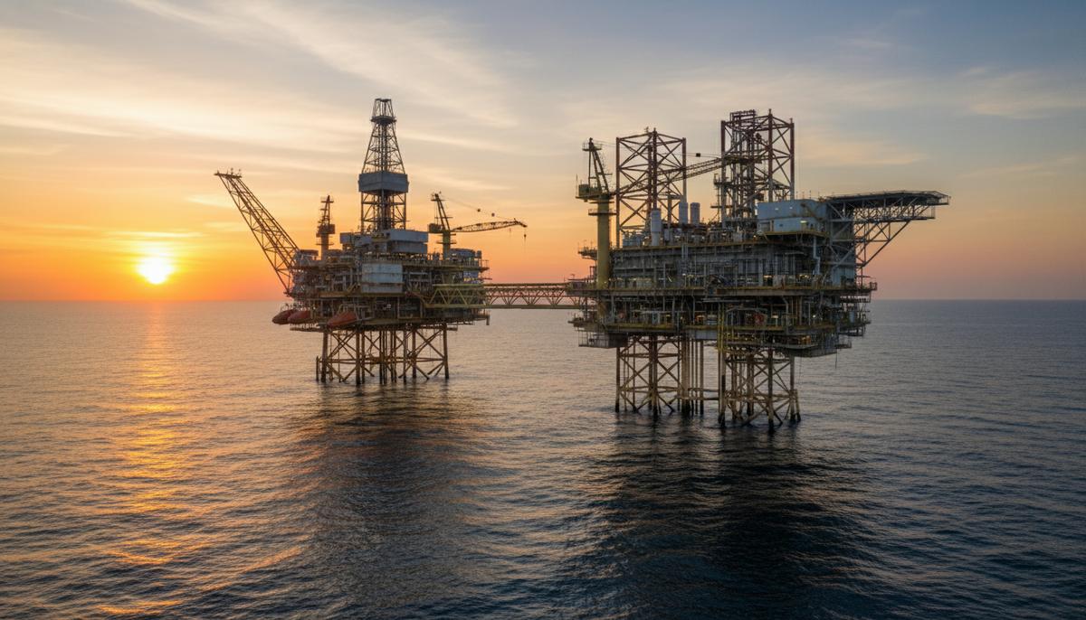 Крупная морская нефтедобывающая платформа в океане на рассвете. Солнечные лучи освещают сложную конструкцию буровой установки и спокойную поверхность воды.