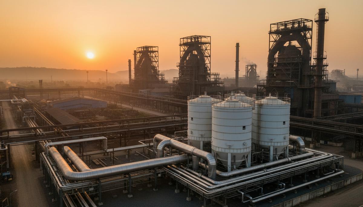 Промышленный комплекс в Индии с современными трубопроводами и резервуарами для улавливания и хранения углерода на рассвете.