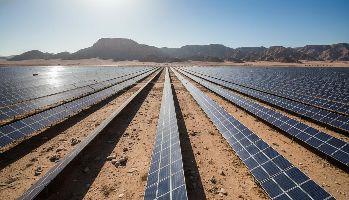 Солнечная электростанция с рядами фотоэлектрических панелей, расположенная в засушливой пустынной местности Туниса под ярким солнцем.
