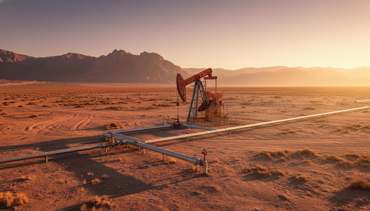 Нефтяная качалка и трубопроводы на сланцевом месторождении Vaca Muerta в Аргентине на фоне гор на рассвете.