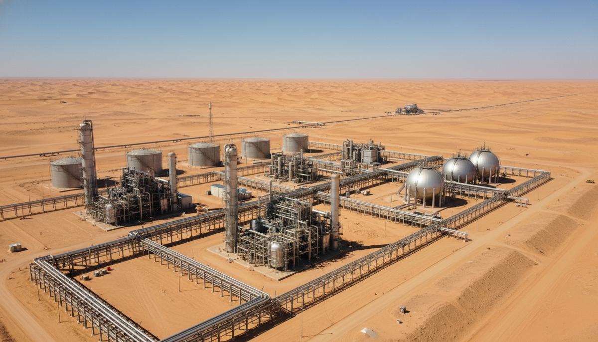 Современный комплекс по переработке природного газа с трубами и резервуарами в засушливой пустыне Ливии под ясным небом.