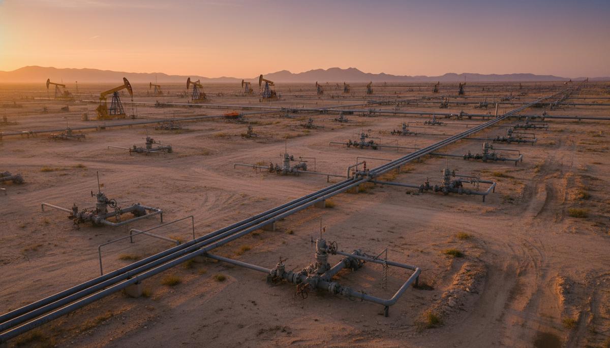 Нефтяные вышки и газовые скважины в пустынном ландшафте Делавэрского бассейна на закате.