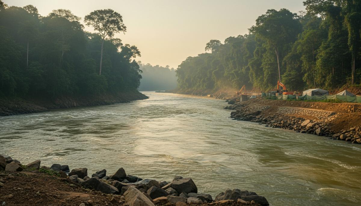 Широкое русло реки Конго в тропических джунглях на месте будущего строительства гидроэлектростанции «Китеке».