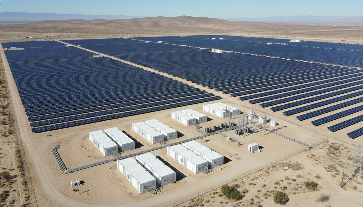 Огромное поле солнечных панелей и контейнеры системы хранения энергии на фоне холмистого пейзажа Калифорнии.