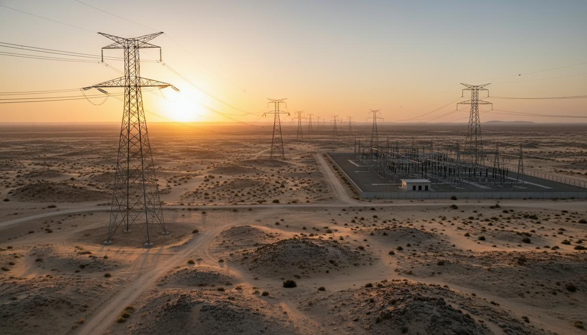 Высоковольтные линии электропередачи, уходящие за горизонт к современной электроподстанции в пустыне на рассвете.