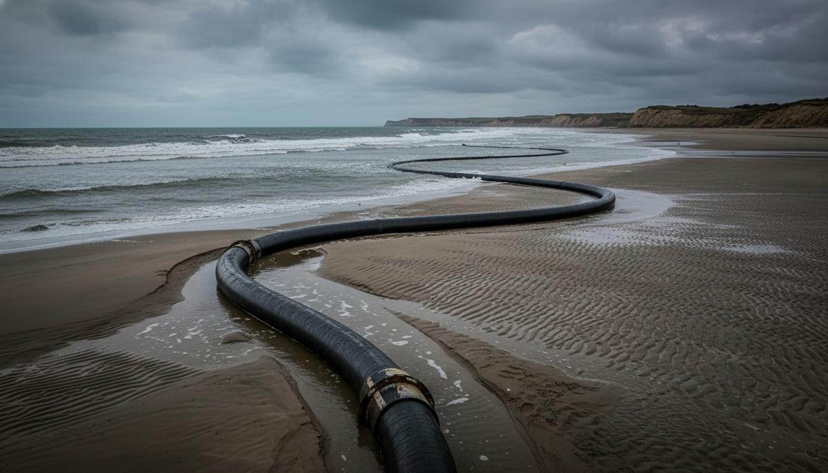 Толстый подводный силовой кабель выходит из вод Северного моря на песчаный пляж у побережья Англии во время отлива.