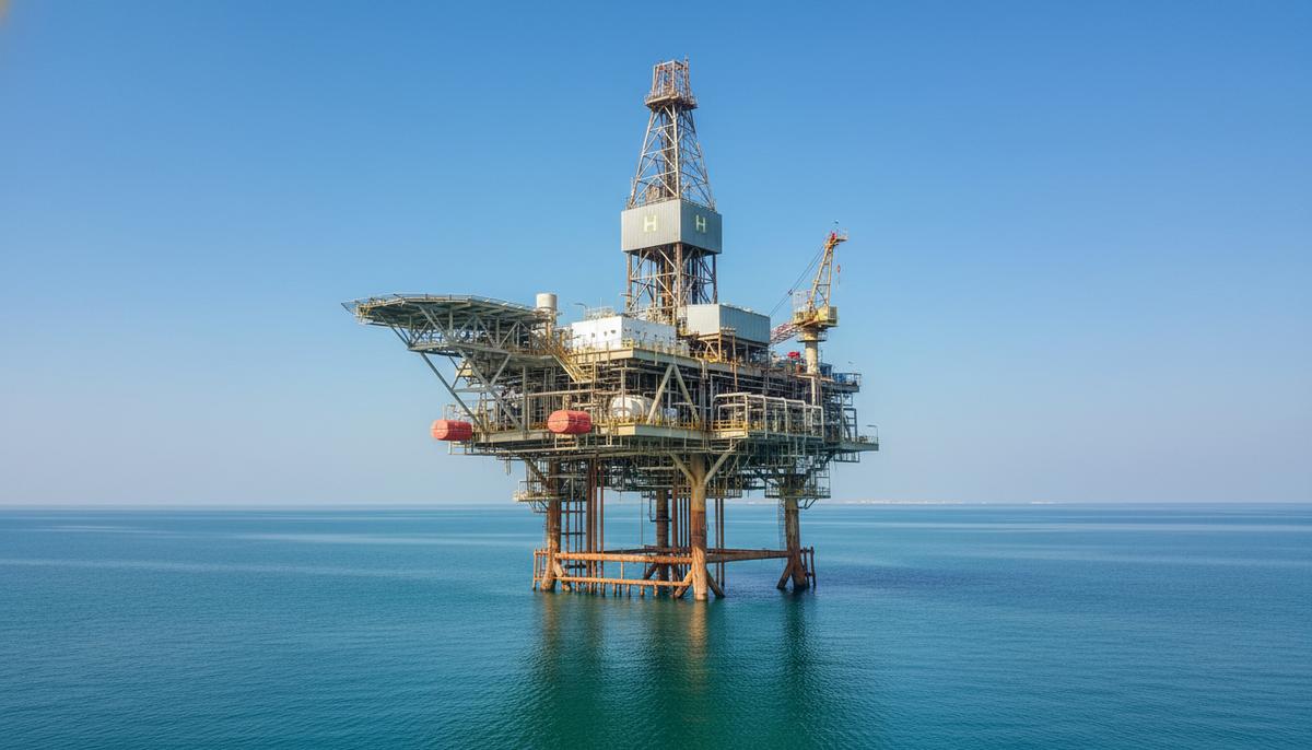 Современная морская нефтегазовая платформа с буровой вышкой в Персидском заливе у побережья Кувейта.