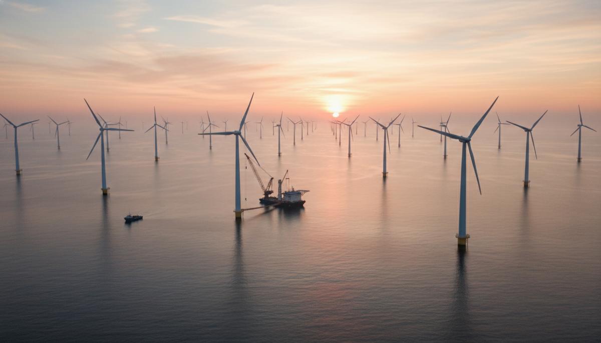 Офшорная ветровая электростанция в Северном море на рассвете, ветряные турбины уходят за горизонт.