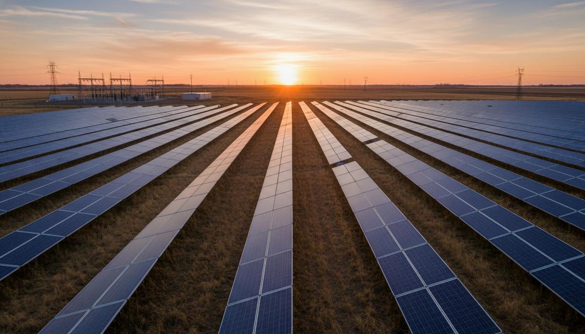 Бескрайнее поле с рядами солнечных панелей, уходящими за горизонт, на фоне сельского пейзажа Иллинойса. Вдали видна подстанция.