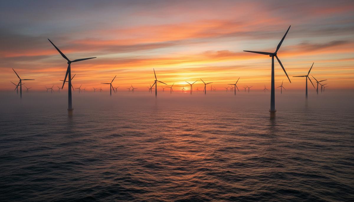 Equinor: рекордная добыча на фоне падения прибыли и проблем в ВИЭ Морская ветровая электростанция в Северном море на рассвете. Огромные ветрогенераторы в утреннем тумане над водой.