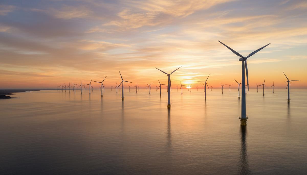 Суд США разблокировал строительство ветропарка Sunrise Wind мощностью 924 МВт Морская ветряная электростанция Sunrise Wind с рядами турбин в океане у побережья Нью-Йорка на рассвете.