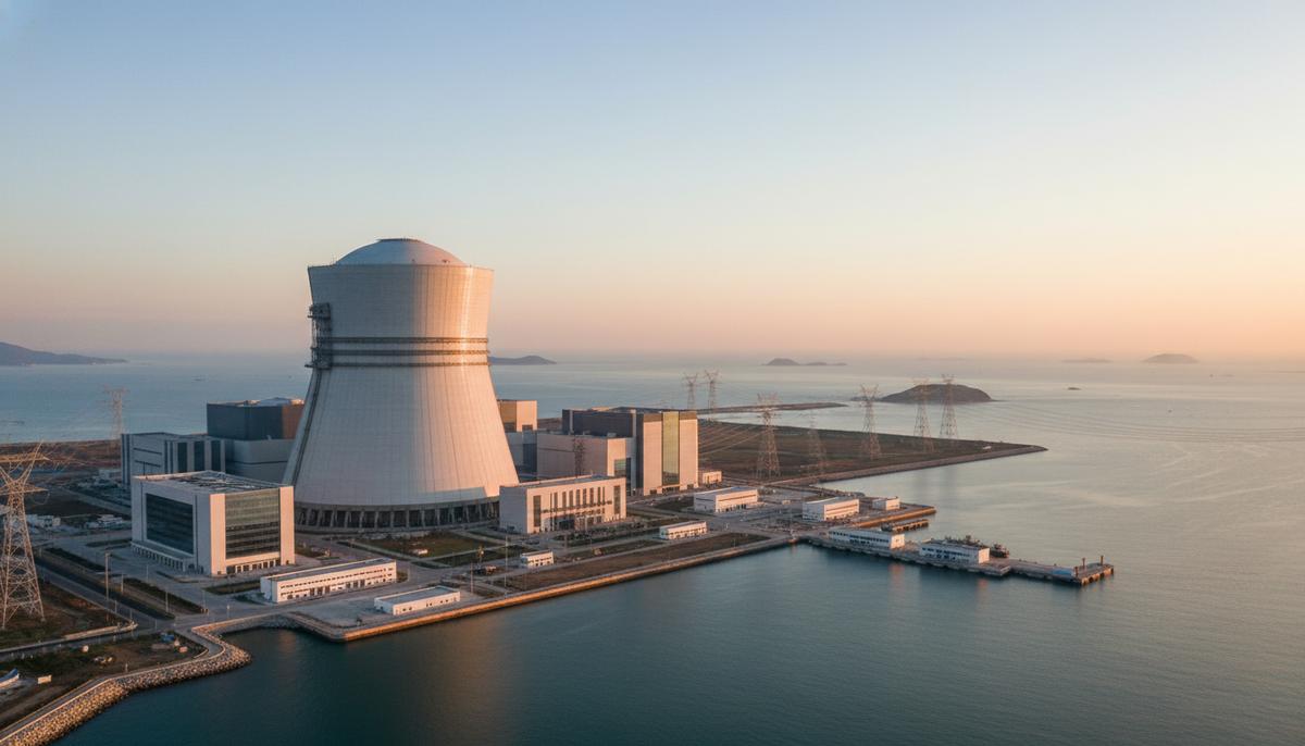 Китай запустил новый реактор «Хуалун-1» на АЭС «Тайпинлин» Современный энергоблок атомной электростанции с большим бетонным куполом на побережье моря в Китае на рассвете.