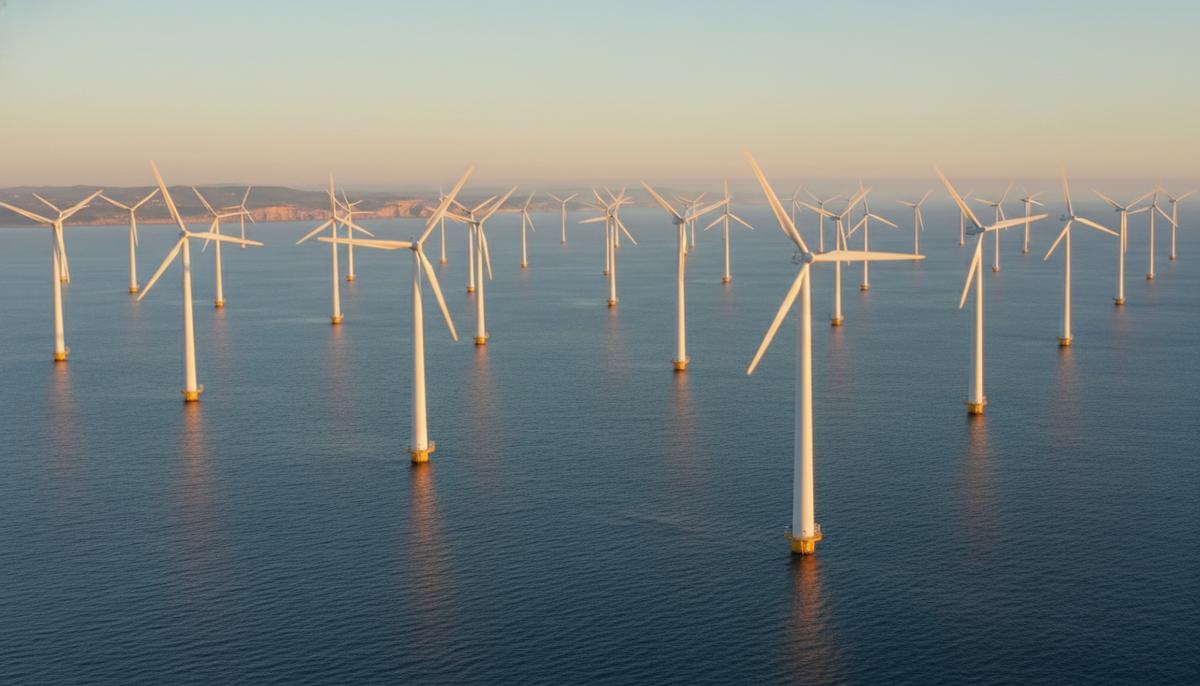 Офшорные ветряные турбины в море у побережья Испании в лучах заходящего солнца.