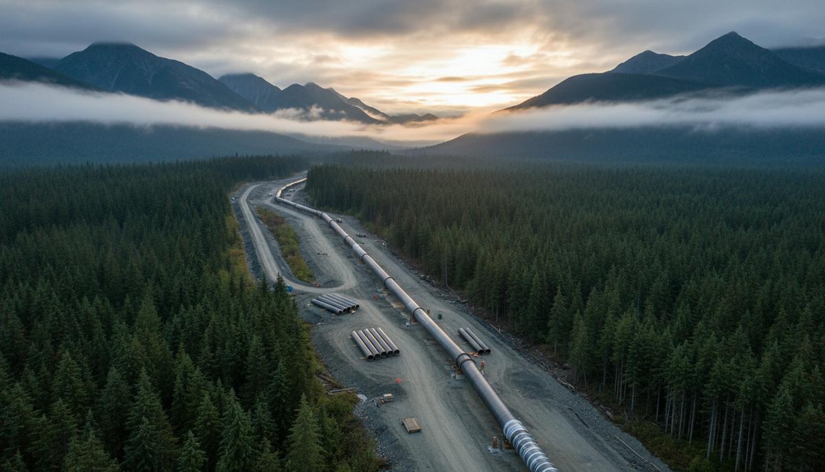 Участок нового магистрального газопровода в процессе строительства среди лесов и гор Британской Колумбии в Канаде.