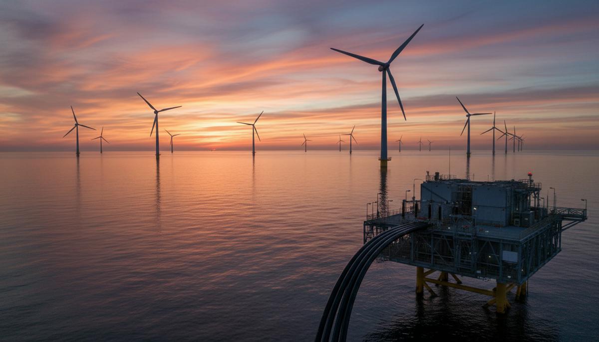 Масштабный морской ветропарк на рассвете, ветровые турбины в океане. Элементы энергетической инфраструктуры.