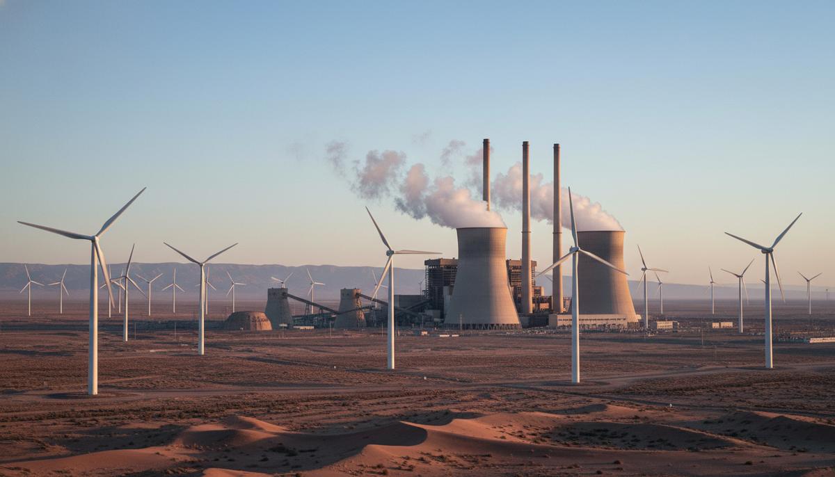 Масштабная угольная электростанция с высокими градирнями и множество ветряных турбин на фоне бескрайних просторов пустыни Гоби.