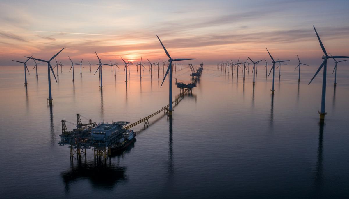 Масштабная морская ветряная электростанция с множеством турбин на горизонте при спокойном море и облачном небе.