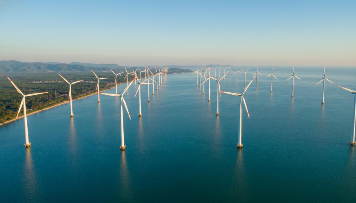 Прибрежный ветропарк во Вьетнаме: на фоне утреннего неба видны вращающиеся лопасти ветряных турбин над морем у береговой линии.