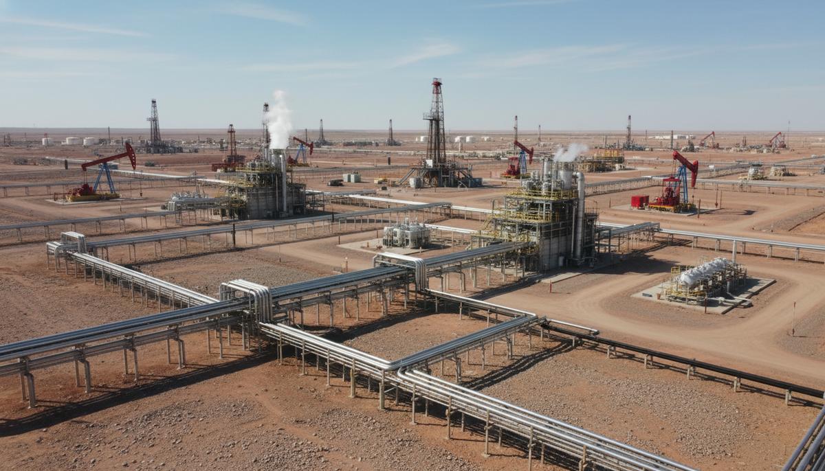 Масштабный комплекс по добыче нефти и газа: буровые установки, трубопроводы, перерабатывающие заводы на обширной открытой местности.