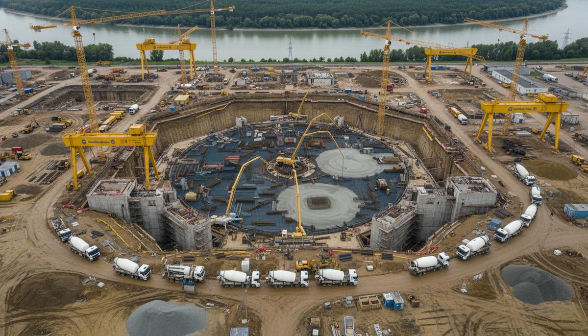 Строительство фундаментов реактора на АЭС «Пакш-2» в Венгрии. Вид сверху на площадку с кранами и бетонной техникой.