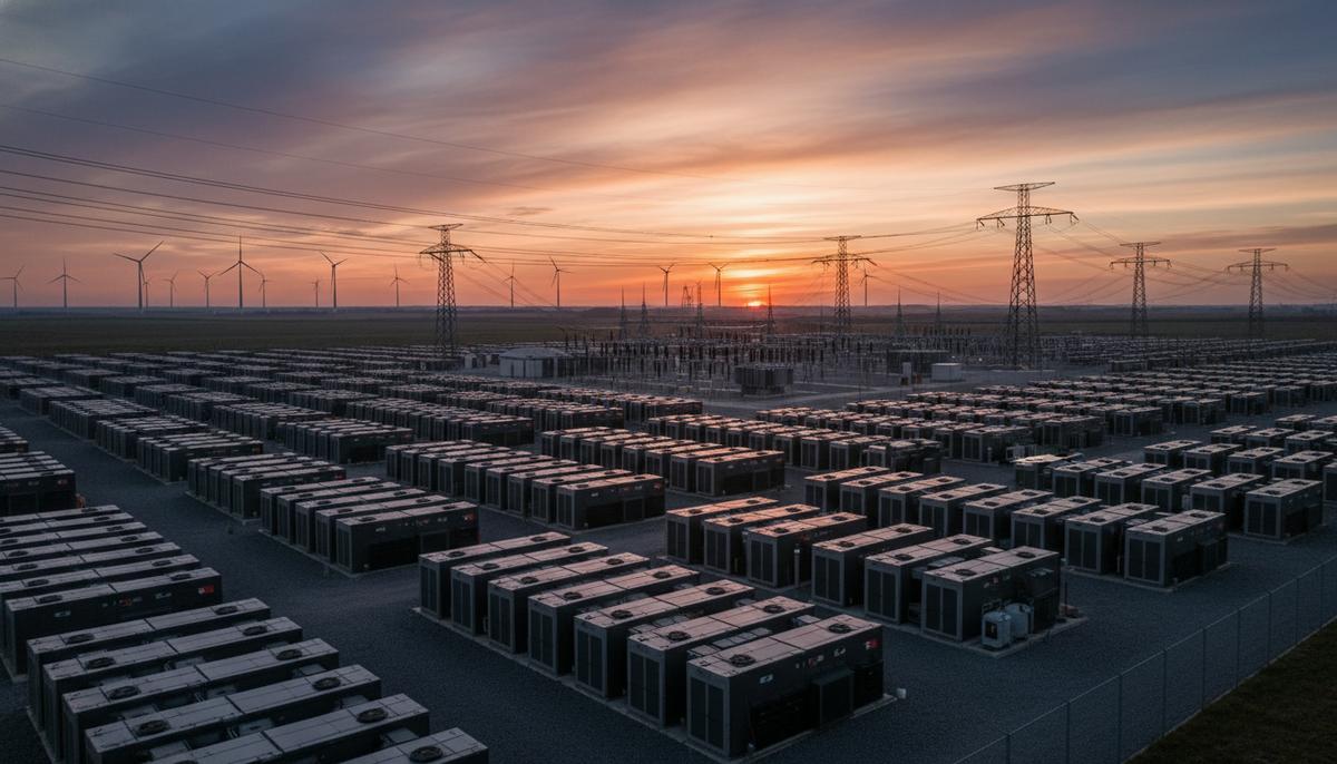 Масштабная система накопления энергии (BESS) с рядами аккумуляторных модулей, подключенная к электросети, на фоне ветряных турбин.